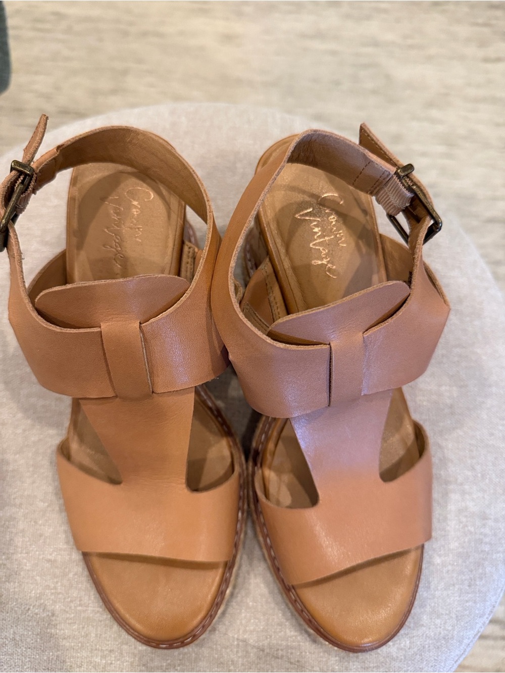 Crown Vintage Cognac Leather Strappy Wedge Sandals